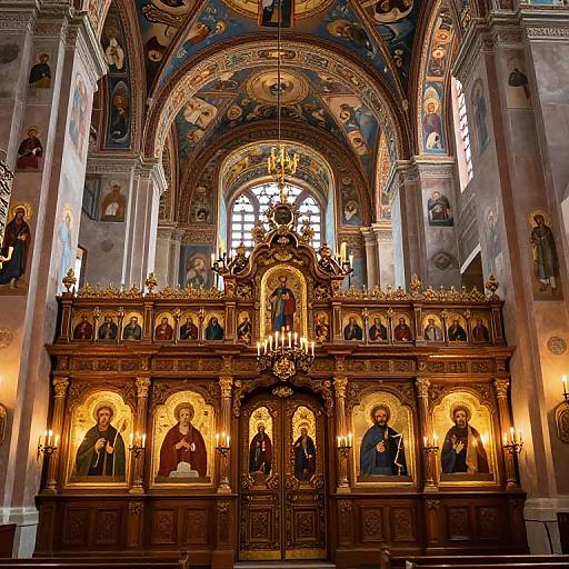 Photograph of an ornate, golden Orthodox altar with religious icons, intricate carvings, and a central chandelier, set against a detailed,