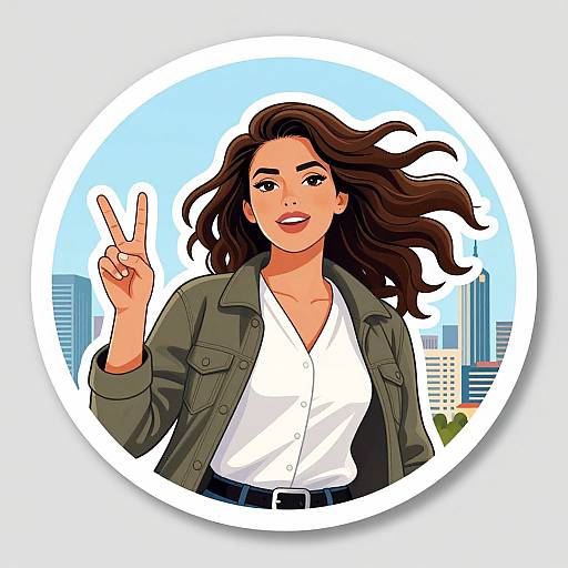 Digital comic-style illustration of a smiling, dark-haired woman with wavy hair, wearing a green jacket and white shirt, flashing a peace sign, set