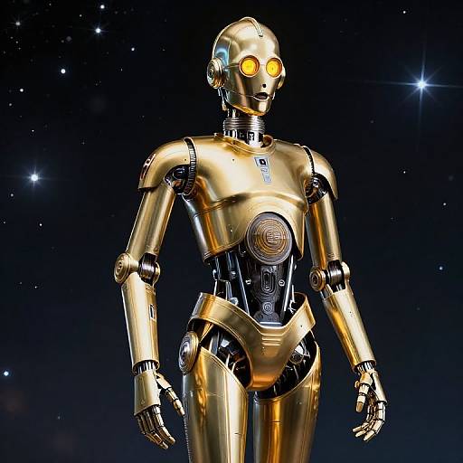 Photorealistic CGI of a shiny gold humanoid robot with glowing yellow eyes, standing in a starry night sky background.