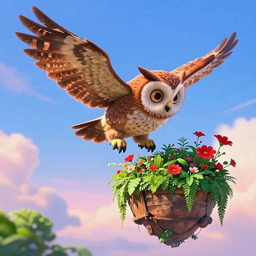 CGI image of a brown and white owl with wide, round eyes flying towards a wooden flower pot filled with red and green plants, against a bright
