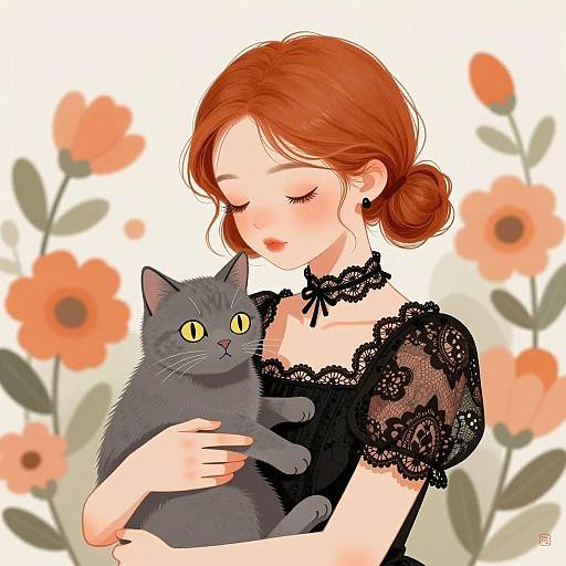 Whimsical Girl with Cat and Flowers