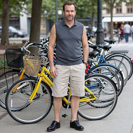 Photograph of a bearded, middle-aged man with short brown hair, wearing a sleeveless dark polo and beige shorts, standing in front of a