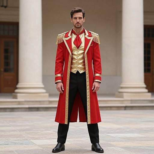 Photograph of a bearded man with short brown hair, wearing a red and gold military-style coat with epaulettes, black pants, and