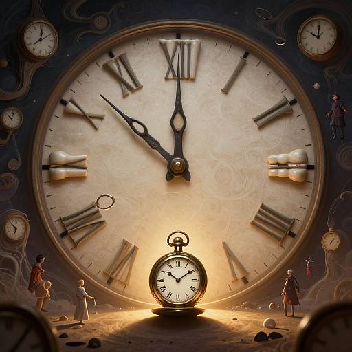 Photograph-style digital artwork of a giant clock with Roman numerals, spotlight on small antique alarm clock, surrounded by tiny figures in Victorian clothing.