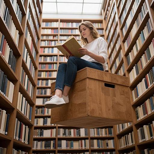 Photograph of a blonde woman in a white shirt and jeans, sitting on a wooden box, reading a book in a library aisle with tall booksh