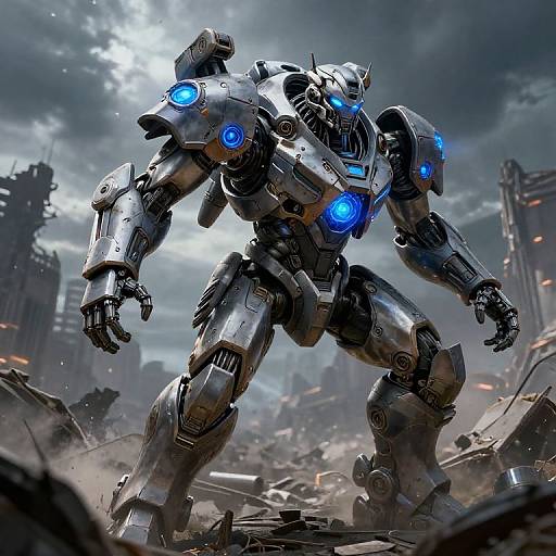 CGI image of a towering, silver robotic warrior with glowing blue eyes and lights, standing amidst a ruined, futuristic cityscape under a cloudy sky.