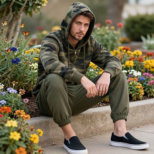 Photograph of a young man with light skin, brown hair, and beard, wearing a camouflage hoodie and green pants, sitting on a garden bed surrounded