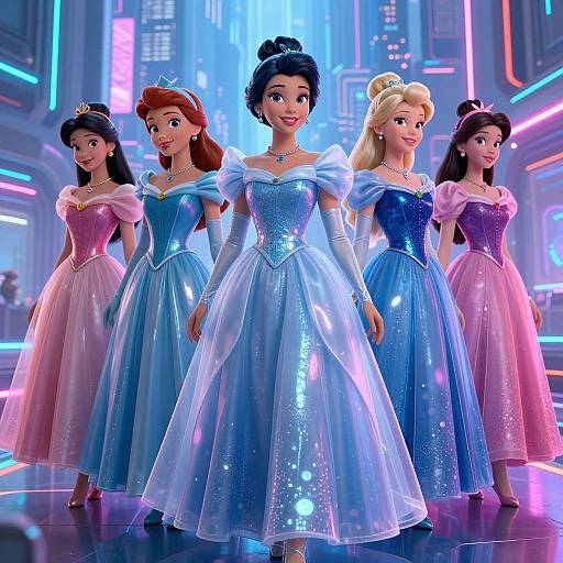CGI image of five Disney princesses in sparkling, colorful ball gowns standing in a neon-lit, futuristic cityscape. Center: black-haired