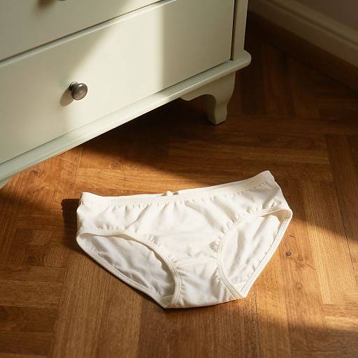 Photograph of a white, slightly crumpled pair of underwear lying on a sunlit wooden floor next to a white dresser.