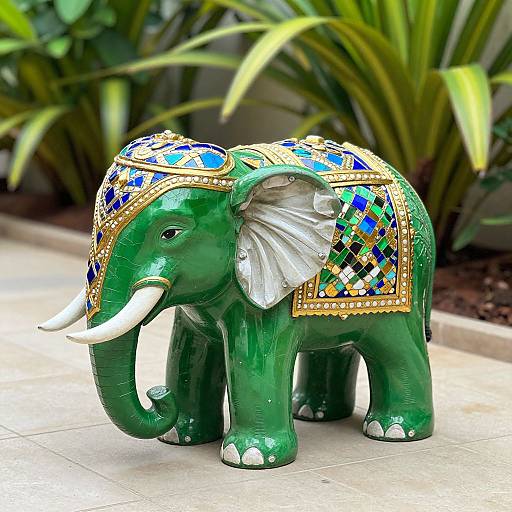 Photograph of a green, ceramic elephant statue with white tusks, adorned with colorful mosaic patterns on its head and back, standing on a tiled patio