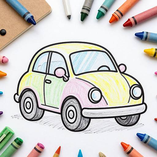 Colorful, hand-drawn cartoon car with pastel hues, surrounded by crayons on white paper; simple, playful style, crayon textures visible