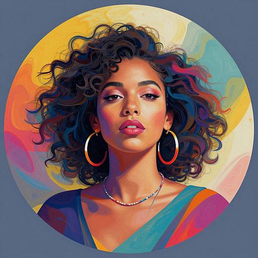 Vibrant digital portrait of a young Black woman with curly hair, wearing large hoop earrings and a beaded necklace, against a colorful circular background.