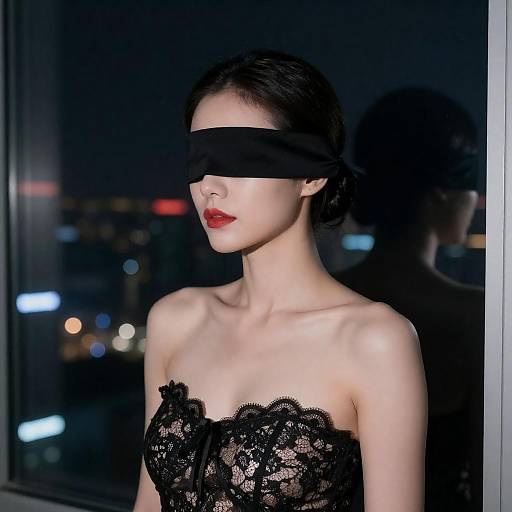 Asian Woman with Black Blindfold by Window at Night