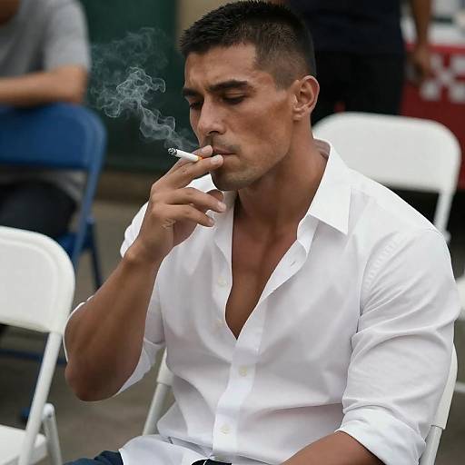 Muscular Man Smoking with Focused Expression