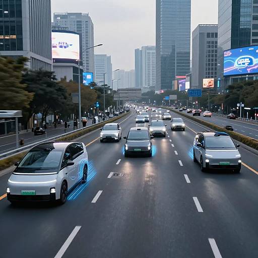Photograph of a busy urban street with electric vehicles, LED-lit cars, tall skyscrapers, and illuminated billboards in a modern cityscape