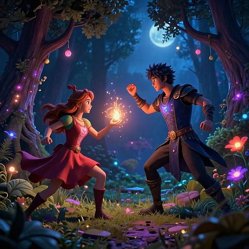 Digital fantasy artwork: A magical forest scene at night with a girl in a red dress and a boy in dark armor, both casting glowing spells under a