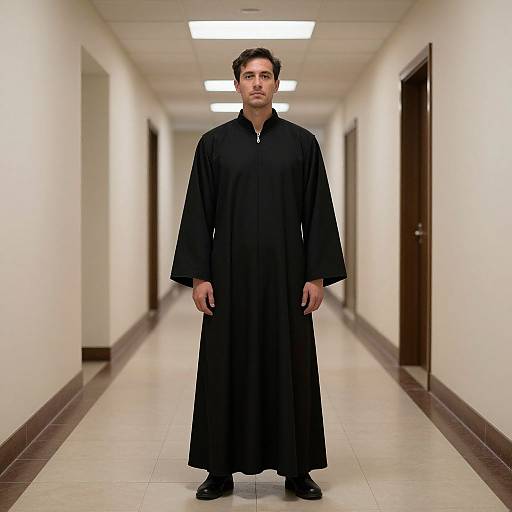 Man in Black Robe in Hallway