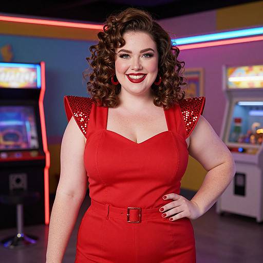 Photograph of a smiling, curvy, fair-skinned woman with curly brown hair, wearing a red, sequined dress with a belt, standing