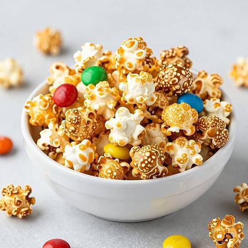 Photograph of a white bowl filled with caramel-coated popcorn, mixed with colorful M&M's, on a light gray surface.