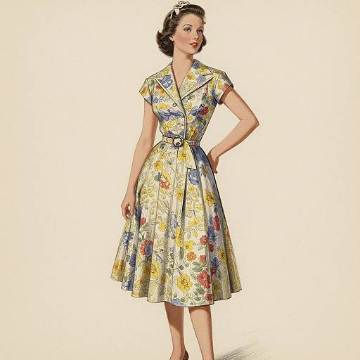 Photograph of a 1950s-style woman in a colorful floral dress with short sleeves, belted waist, and knee-length skirt, standing against