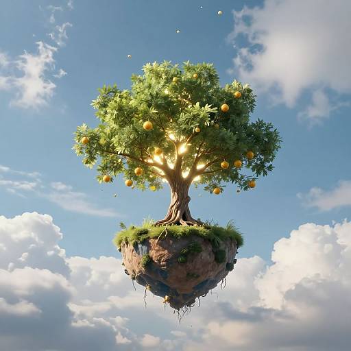 Digital illustration of a floating, fruit-laden tree with glowing sunburst, rooted on a grass-covered rock, against a bright blue sky with fluffy white
