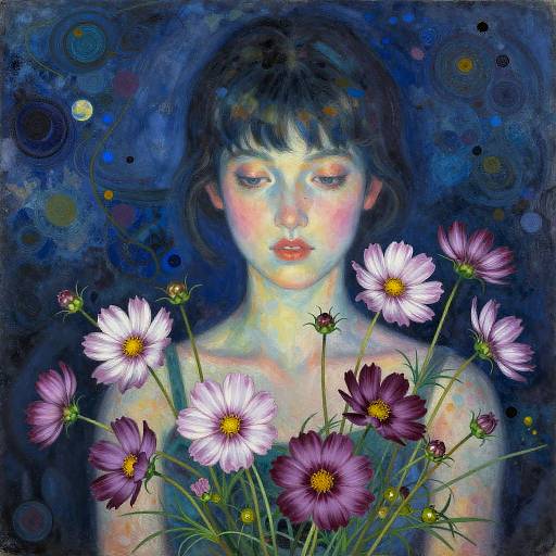 Radiant Cosmos Bouquet Portrait in Chagall Style