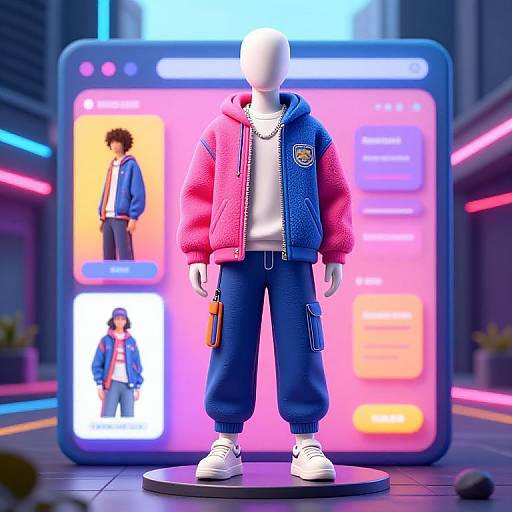 CGI image of a faceless mannequin in a neon-lit city, wearing a pink and blue fuzzy jacket, blue pants, white sneakers