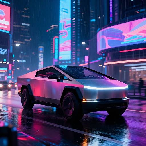 Neon-lit, futuristic city night scene with a sleek, white, glowing LED-trimmed car driving on a wet, reflective street. Bright