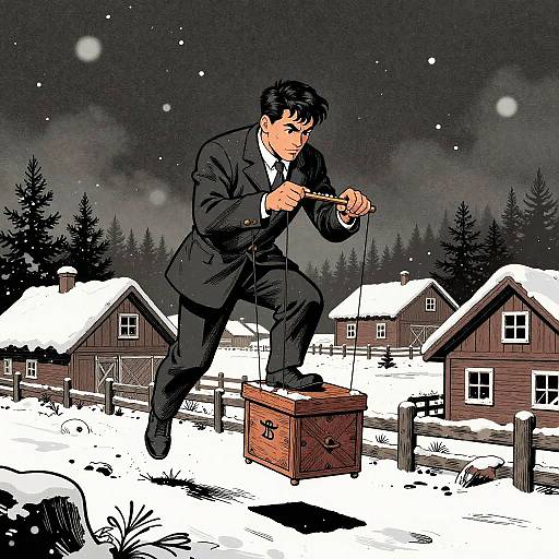 Traveling Puppeteer in Snowy Christmas Farm