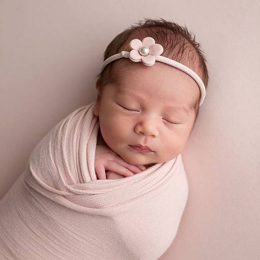 Photograph of a sleeping newborn baby with closed eyes, wrapped in a soft white blanket, wearing a white headband with a pink flower, against a