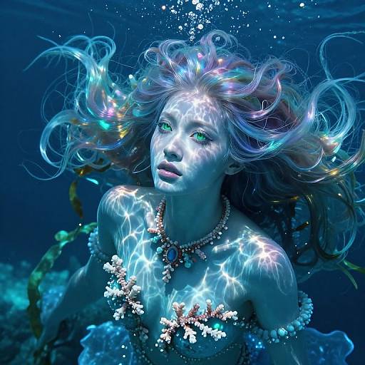 Photograph of a beautiful mermaid with glowing green eyes and iridescent hair, illuminated underwater, wearing a coral necklace, surrounded by bubbles.