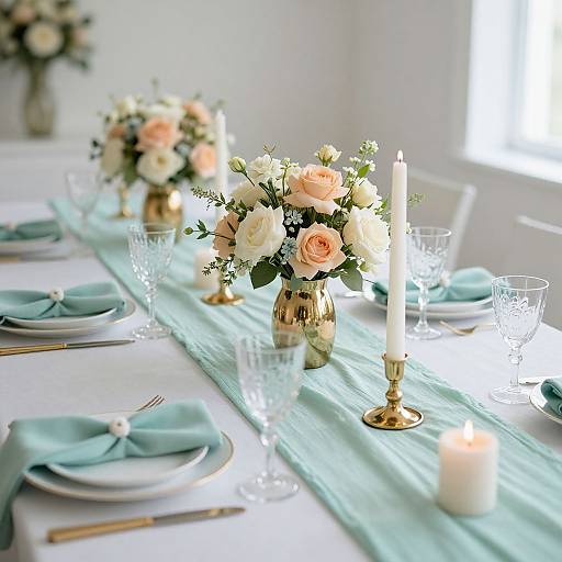 Elegant table setting with white and peach roses, crystal glasses, teal napkins, gold candle holders, and lit candles on a turquoise runner. Photograph