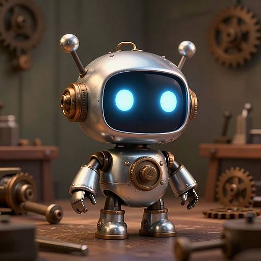 Photorealistic CGI of a shiny, metallic robot with glowing blue eyes, standing on a wooden workshop table with gears in the background.