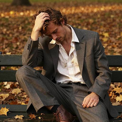Tired Man in Sloppy Suit on Park Bench