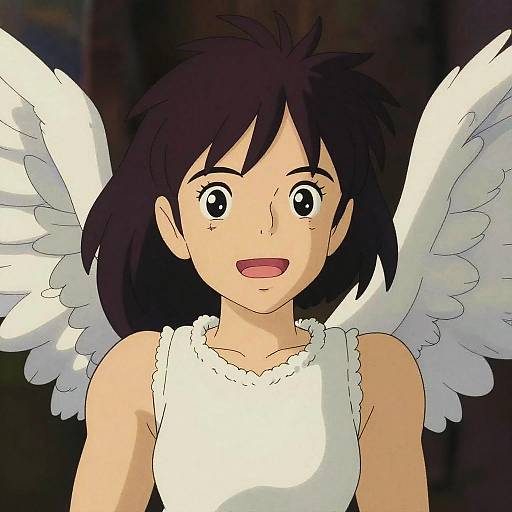 Anime-style digital drawing of a young girl with short black hair, white angel wings, and a white sleeveless dress, smiling with wide eyes.