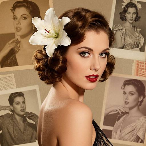 Photograph of a fair-skinned, red-lipped woman with vintage brown curls and white lily in hair, surrounded by black-and-white 194