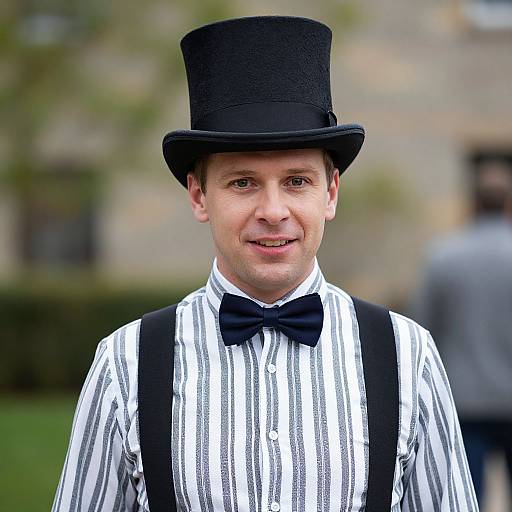 Photograph of a smiling man in a black top hat, striped shirt, black bow tie, and suspenders, with a blurred outdoor background.