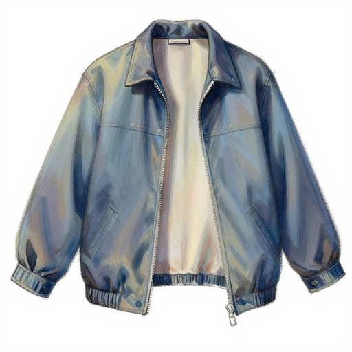 Digital illustration of a blue and iridescent bomber jacket with a silver zipper and folded cuffs, displayed against a plain white background.