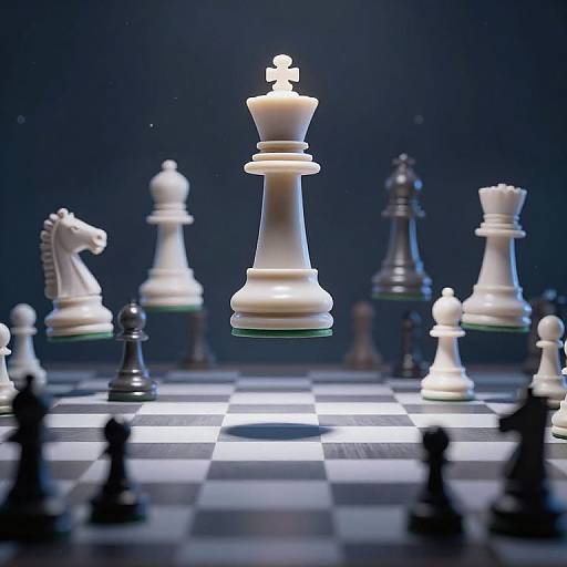 Photograph of a dramatic chess game: glowing white king centered, surrounded by blurred black and white pieces, dark blue background.