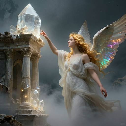 Digital artwork of a blonde angel with rainbow wings touching a glowing crystal on an ancient, ruins-like pedestal in a misty, dark sky.