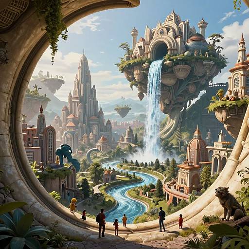 Fantasy cityscape through circular stone window: floating architecture, waterfall, winding river, diverse people, lush greenery, and detailed medieval-style buildings.