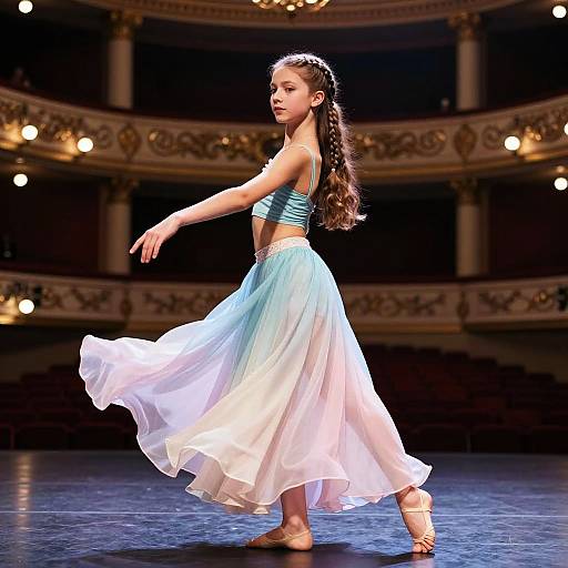 Photograph of a young ballerina with long braided hair, wearing a blue crop top and flowing white skirt, dancing on a stage with orn