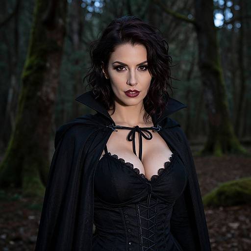 Photograph of a dark-haired woman with pale skin, wearing a black corset and cape, standing in a dark, misty forest.