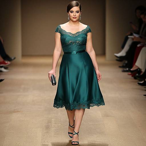 Photograph of a confident woman in a teal lace-trimmed, short-sleeve, knee-length dress, black strappy heels, and dangling
