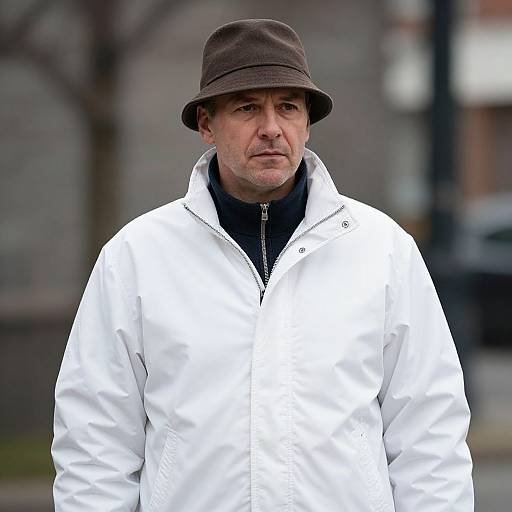 Photograph of a middle-aged man with light skin, wearing a brown bucket hat, white jacket, and black shirt, standing outdoors.