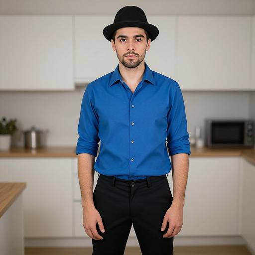 Photograph of a bearded man with light skin, wearing a black hat, blue button-up shirt, and black pants, standing in a modern white