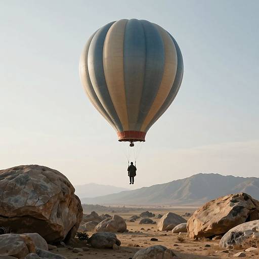 Photograph of a large, striped hot air balloon hovering over a rocky desert landscape with mountains in the background, a lone person suspended beneath the balloon.