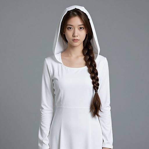 Photograph of a young Asian woman with long braided brown hair, wearing a white hooded sweatshirt, standing against a gray background.