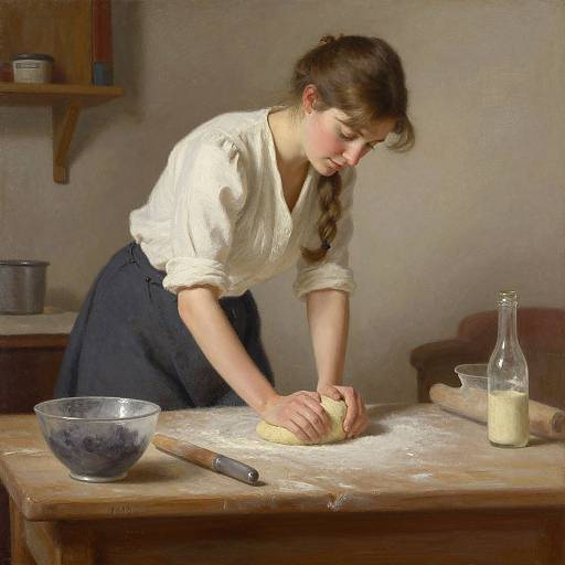 Realistic painting of a young woman with brown hair, white blouse, and blue skirt, rolling dough on a flour-covered wooden table.