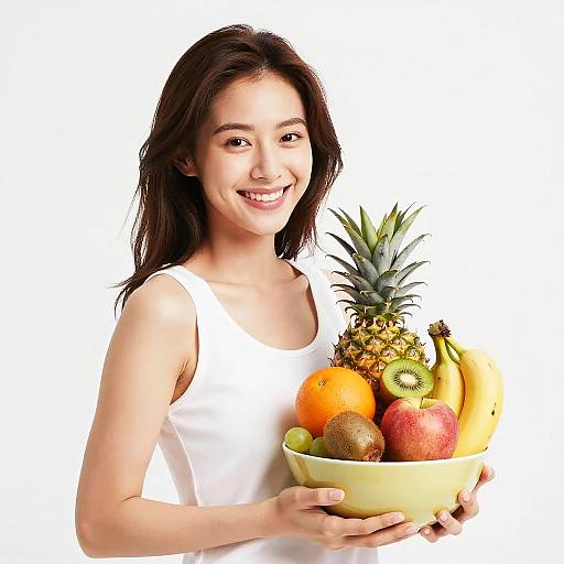 Smiling Woman with Colorful Fruit Bowl